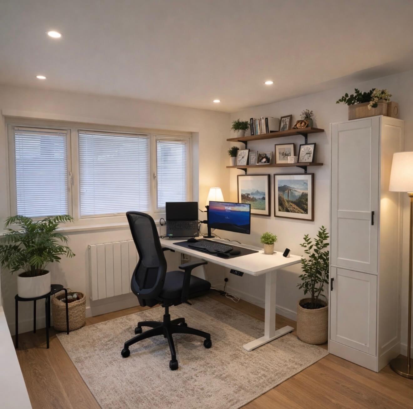 Organized home office with built-in shelving and desk
