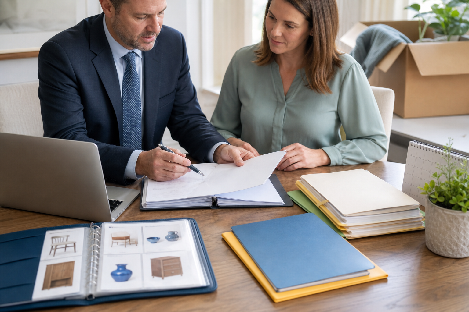Attorney and professional organizer reviewing a home inventory binder and case documents on an organized table