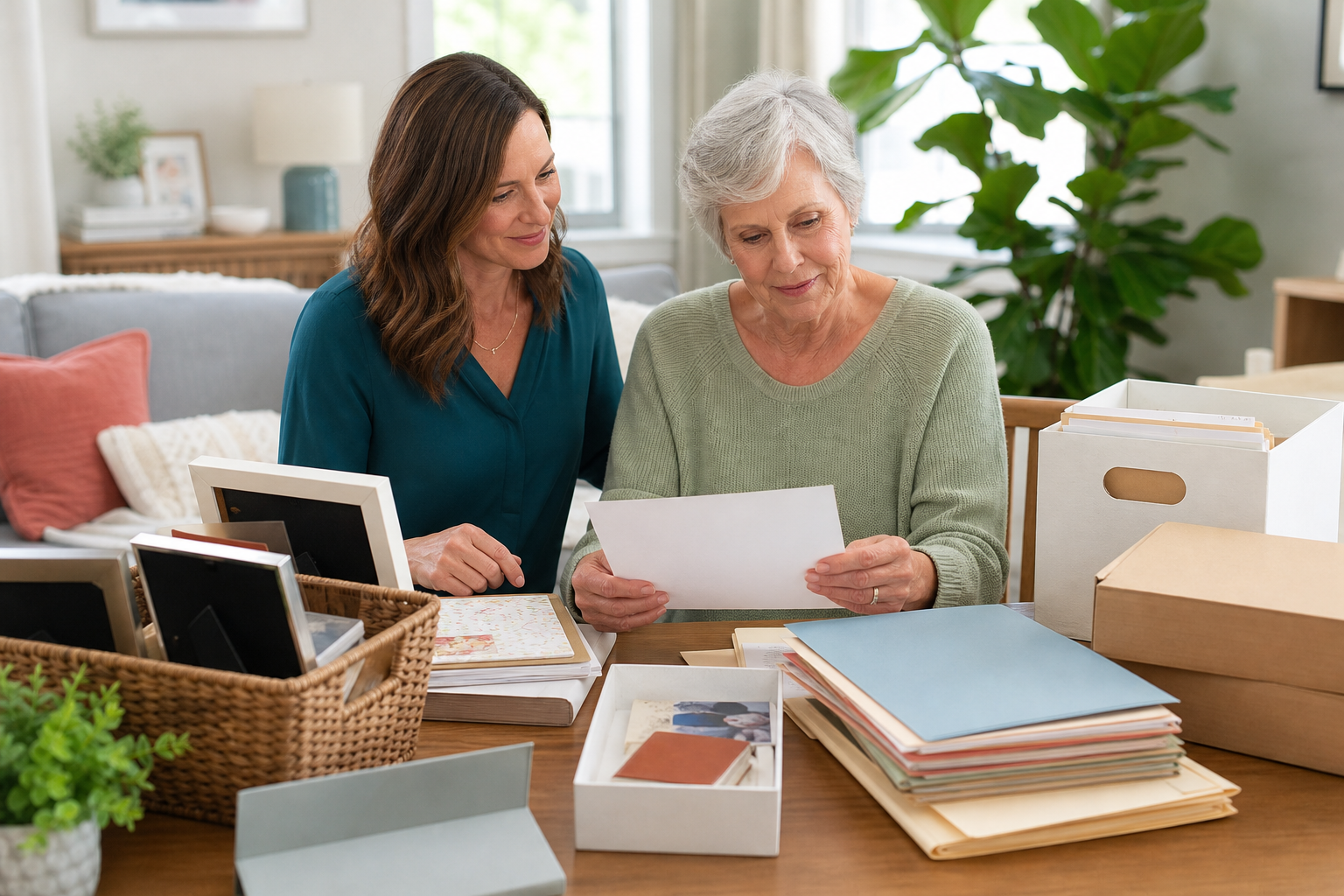 Professional organizer helping an older adult client sort paperwork and personal belongings during a home transition