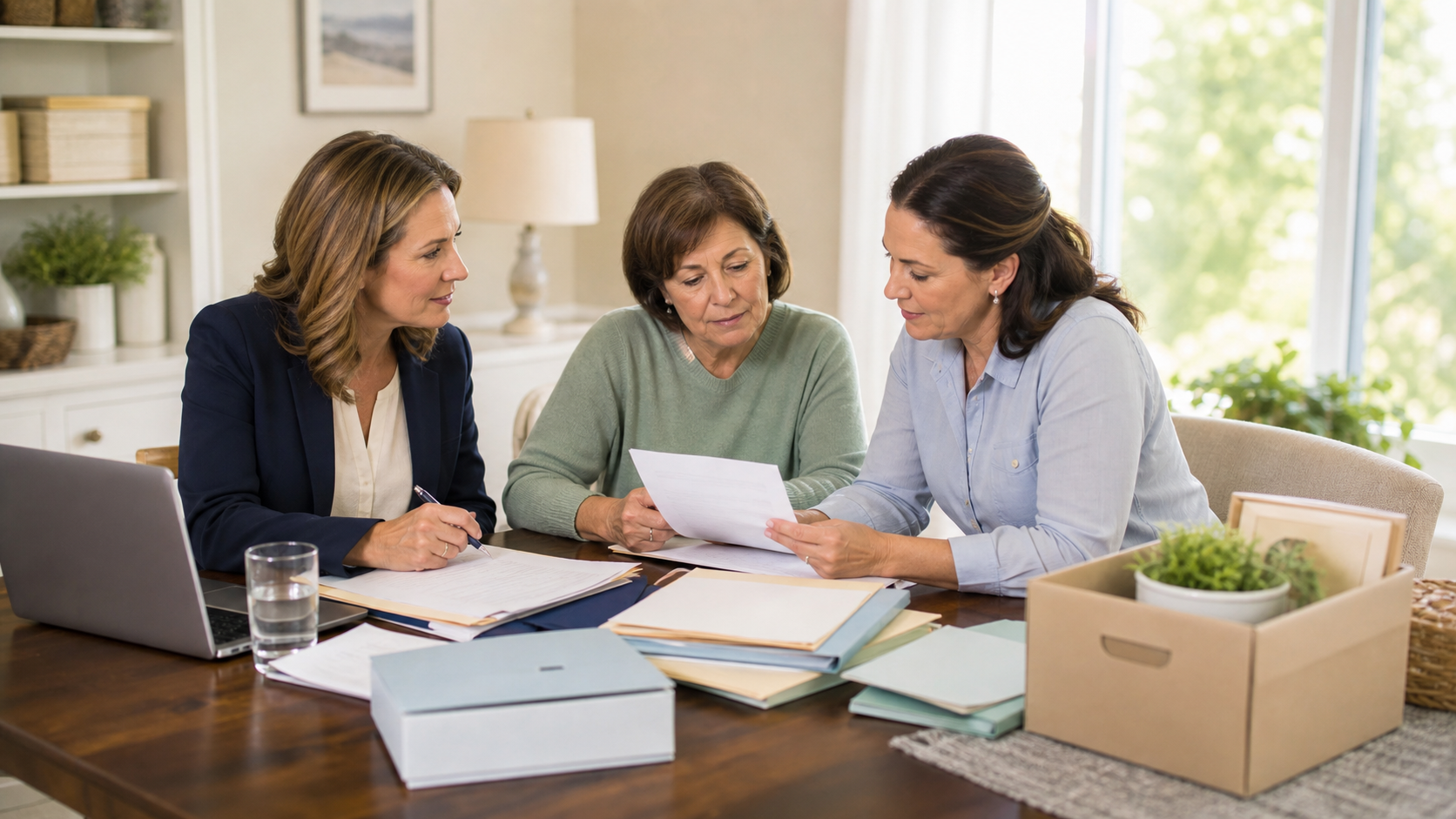 Attorney, client, and professional organizer reviewing organized documents together in a home setting